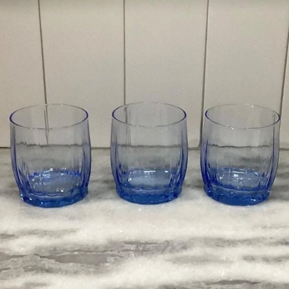 Oneida Valor Blue Juice‎ Glasses, Set of 3, Vintage Pasabahce Ribbed Tumblers